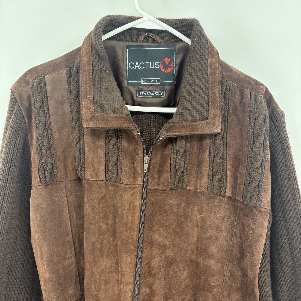 80s Cactus Mens XL Suede Leather Cable Knit Jacket Brown Full Zip Italy Style - Picture 2 of 14
